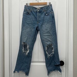 We The Free Light Wash Blue Distressed Raw Hem Denim Pants Size 28